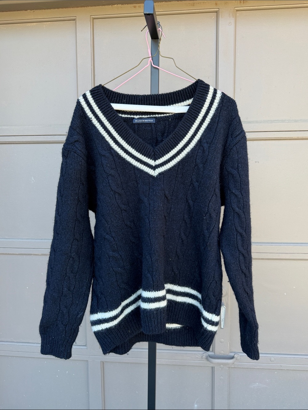 Brandy Melville Black V-Neck Cable Knit Sweater with Cream Stripes